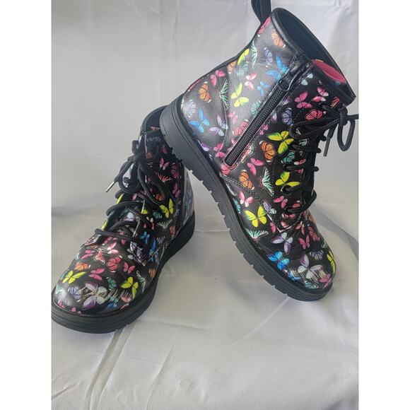 Skechers Boots Girls 3 Black Gravlen Combat Rainbow Kids Grunge Butterfly Boots - Picture 1 of 9